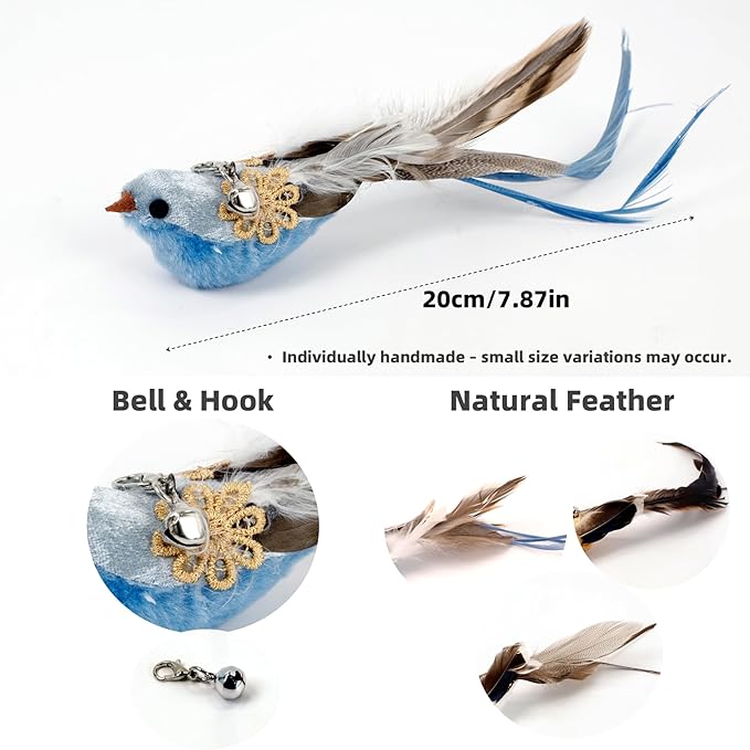 11PCS Realistic Bird Cat Toy Refills – Handmade Feather Cat Toys with Bell, Clip-on Cat Wand Attachments – Interactive Cat Toys for Indoor Cats, Refill Set for Wand Toy or Cute Home Décor