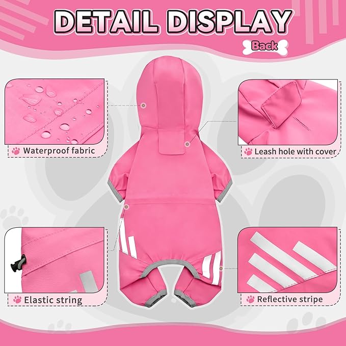 Dog Raincoat, Waterproof Dog Rain Jacket with Hood, Rain Coat with Leash Hole, Reflective Strap for Small Medium Dogs, Lightweight Puppy Clothes(Pink,L)