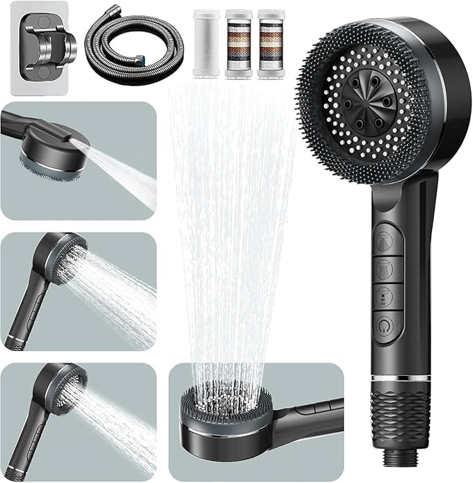 High Pressure Shower Head, Handheld Shower Head and Hose Set with 3 Filters, 59‘’ Hose & Bracket, 4 Spray Modes & Pause Switch, Hard Water Filtered Showerhead for Remove Residual Chlorine (Gray)