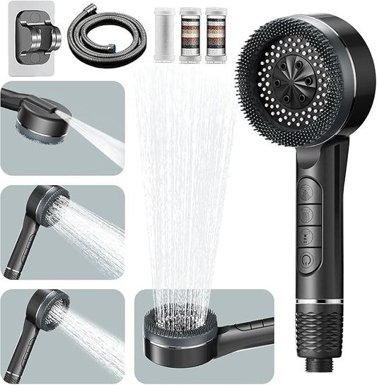 High Pressure Shower Head, Handheld Shower Head and Hose Set with 3 Filters, 59‘’ Hose & Bracket, 4 Spray Modes & Pause Switch, Hard Water Filtered Showerhead for Remove Residual Chlorine (Gray)