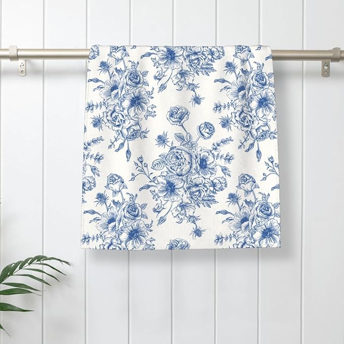 Chioniserie Blue Floral Kitchen Towels Vintage Spring Dish Towel 16×24 Inch Soft Absorbent Summer Flowers Hand Cloths Decorative for Kitchen Drying Set of 2