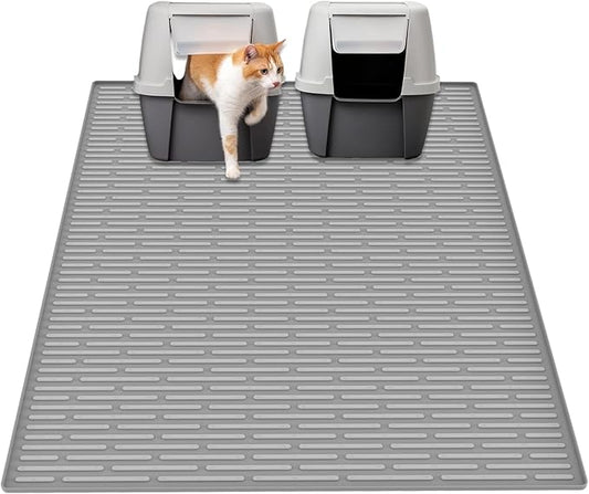 40"x30"(100cmx75cm) Extra Large Silicone Cat Litter Mat, XXL Litter Trapping Mat for Under Litter Box, Non-Slip Waterproof Kitty Litter Catcher, Easy to Clean Mat for Cats, Light Gray