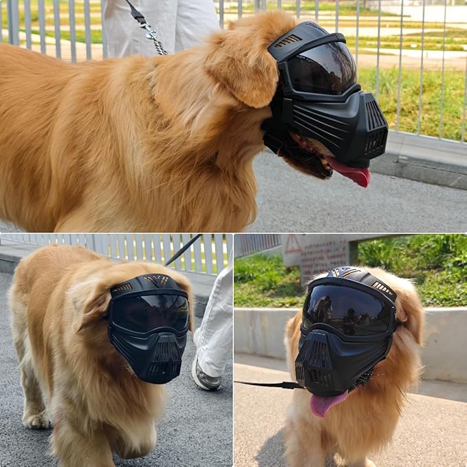 Dog Goggles Large Breed, Anti-UV Dog Sunglasses for Full Face Protection, Pet Mask with Breathable Holes for Outdoor Camping Hiking Hunting, Adjustable, Black