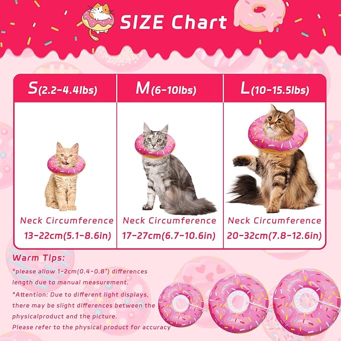 Seyezo Cat Cone Collar Soft, Adjustable Cat Recovery Collars Kitten Cones to Stop Licking, Cute Donut Neck Collar After Surgery, Kitten Elizabethan Protective Cones After Spay (Donut Pink, Medium)