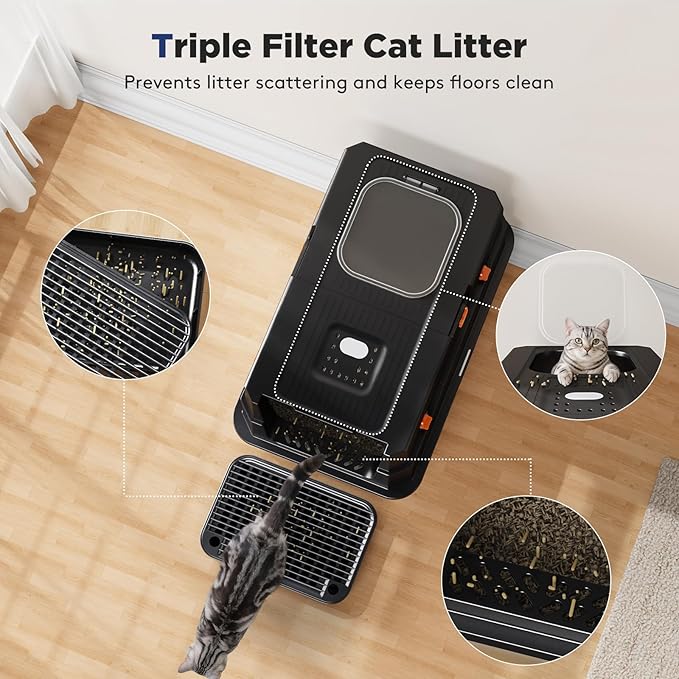 FURTIME Stainless Steel Litter Box with Lid, XL Extra Large Enclosed Cat Litter Box for Big Cats, Metal Cat Box with High Sided Enclosure & Scoop, Front & Top Entry, Odor Free, Anti-Leakage, Black