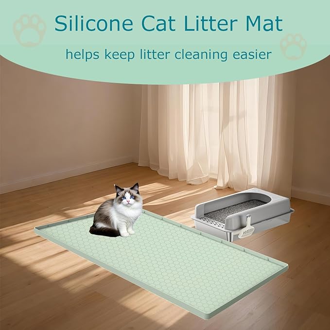 Cat Litter Mat, Silicone Large Cat Mat for Litter Box - 34x22 in, Waterproof & Non-Slip, Durable & Easy Clean, Green