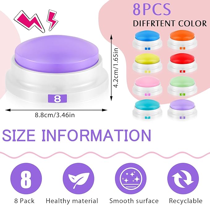 Xuhal 8 Pcs Recording Button Buzzers for Trivia Games with Number Recordable Answer Buzzers for Communication Pet Training Gift for Back to School Team Family Game and Trivia Nights, 8 Colors