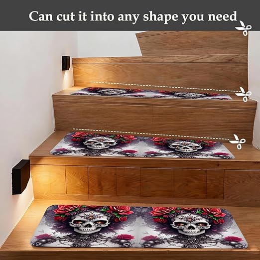 Abstract Skulls Roses Stair Treads for Wooden Steps Indoor Washable Staircase Carpet 10PCS 30"x7.8" Stair Step Treads Non-Slip Staircase Covers Peel and Stick Safety Mat for Kids Elders Pets