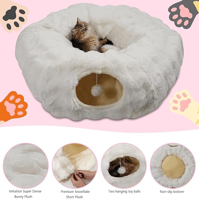 2 in 1 Luxury Plush cat Tunnel with cat Bed for Small Medium Large Cats,Multifunctional Cat Toys.