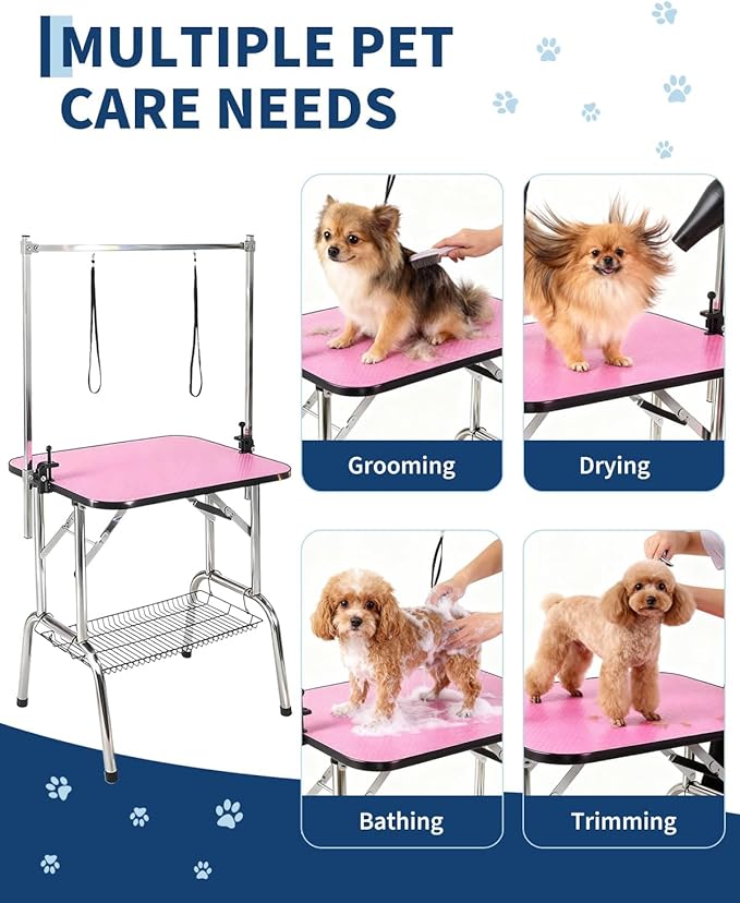 Garvee Foldable Dog Grooming Table 36-Inch, Adjustable Height Arm, Non-Slip Pink Surface, Removable Mesh Tray, 330 Lbs Capacity, Portable Pet Bathing & Trimming Station for Small & Large Cats/Dogs