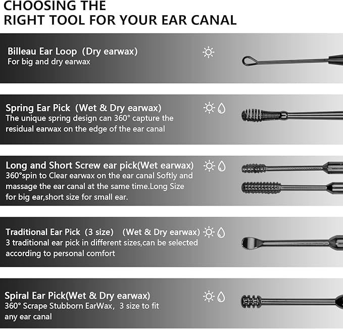 Hion 6 Pcs Ear Wax Removal Kit,Professional Double-Headed Ear Pick Earwax Removal Tools,316L Stainless Steel Ear Cleaner Curette with Cleaning Brush and Storage Box,Suit for Kid Adult(Black)