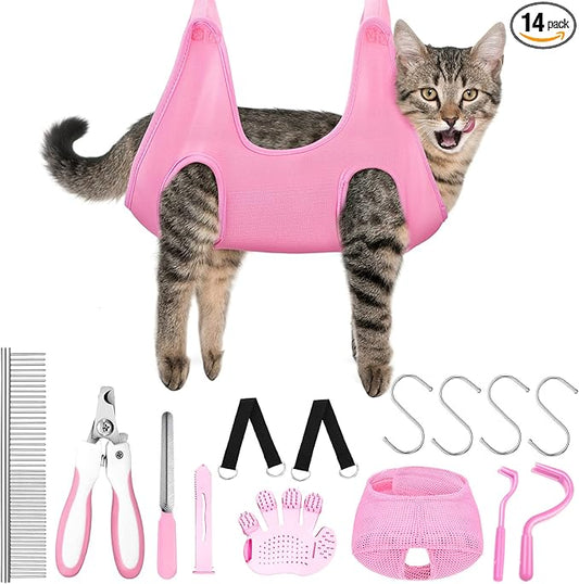 Ferraycle 14 in 1 Pet Grooming Hammock for Dogs Cats, Dog Grooming Sling, Cat Nail Trimming Kit, Restraint Bag with Clipper File for Nail Trimming Ear Cleaning Bathing Small Pets(Pink)