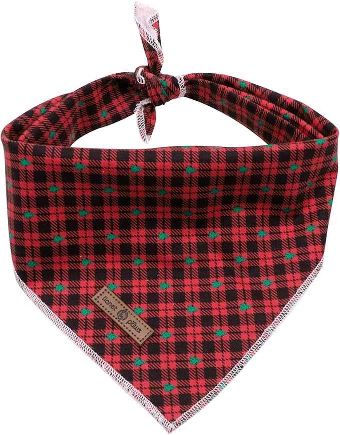 Lionet Paws Christmas Dog Bandana - 1PC Red Tree Dog Bandana, Washable Reversible Cotton Boy Bibs Scarf, Adjustable Square Kerchief for Small to Large Dogs