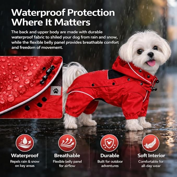LOVELONGLONG Waterproof Dog Raincoat with Removable Hood – Outdoor Full Body Dog Jacket, Windproof Snowproof Shell Suit – All Season Pet Rain Gear Red XS