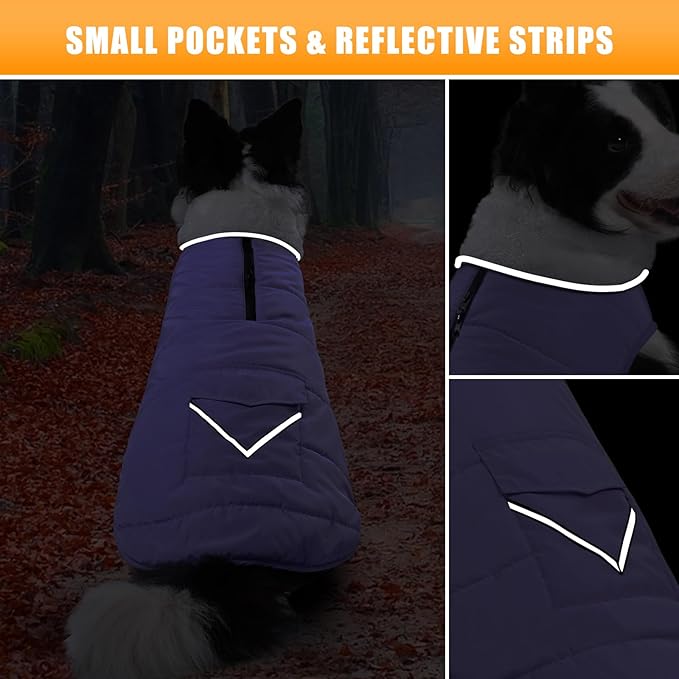 Dog Winter Coat for 2X- Large Dogs, Easy on XXL Dog Fleece Jacket Velcro Waterproof Pet Puffer Clothes with Harness Hole Adjustable Reflective Quilted Pet Cold Weather Vest for Girl Female