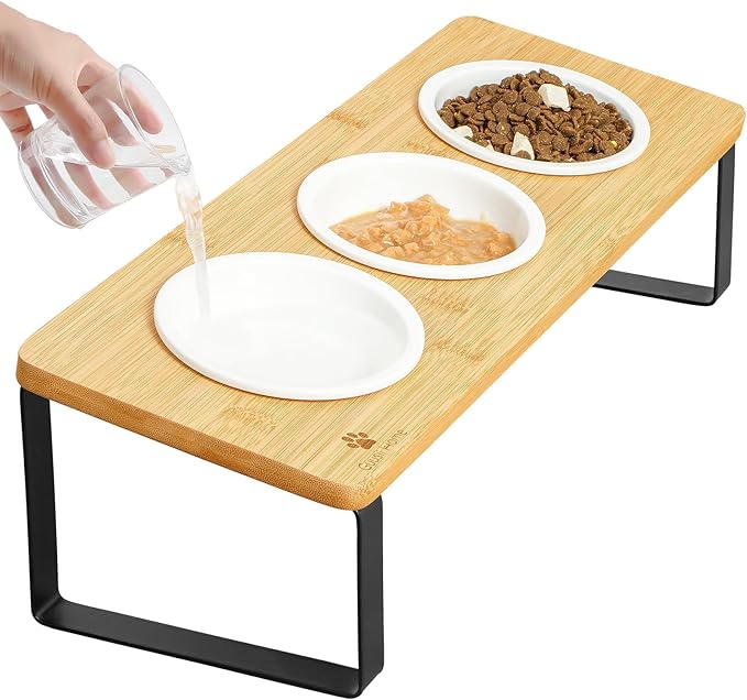 Sunhoo Raised Cat Food Water Bowl Elevated Tilted Kitty Dishes Set of 3 Ceramic Dish for Indoor Cats Orthopedic Pet Food Stand Reduces Vomiting 3 Bowl Cat Feeder Easy Assembly(Wood Color)