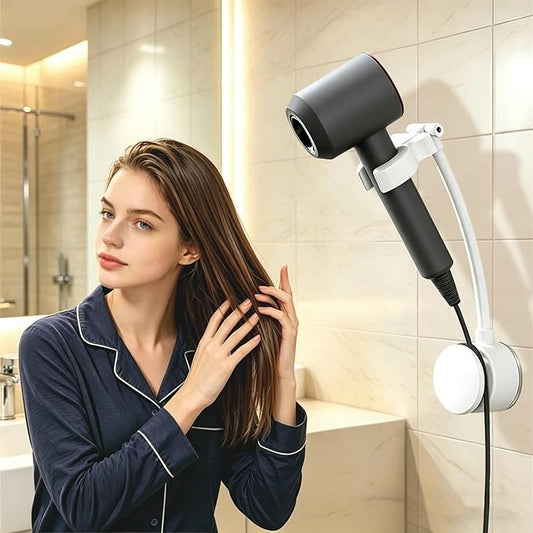 Hair Dryer Holder, Hair Dryer Stand with Adjustable Angle, Wall Mounted Hair Dryer Stand Hands Free with Built-In Adhesive, Suitable for Bathroom Mirror, Side Wall of Washbasin, Bedroom Vanity, Balcony Or Gym