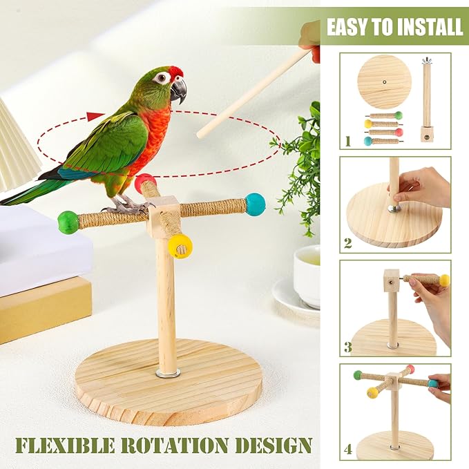 3 Pcs Bird Training Stand Kit, Parrot Training Clicker Portable Tabletop Bird Perch and Target Stick, Wooden Spin Perch Clickers with Wrist Strap for Parakeet Conure Lovebird Cockatiel (Spin)