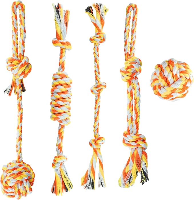 ASOCEA 5 Pack Dog Rope Toys Cotton Puppy Teething Rope Durable Chew Toys for Boredom Small Dogs Puppies Interactive Tug Toy for Training Fetching (Orange)