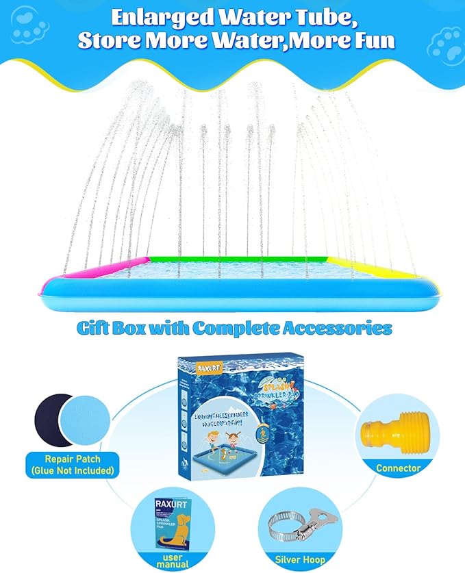 Raxurt Splash Pad, 97"- 72" Non-Slip Splash Pad for Kids and Dogs, Thickened Durable Square Dog Pool with Sprinkler Summer Outdoor Water Toys for Toddler Girls Boys Children Pet (Colorful)