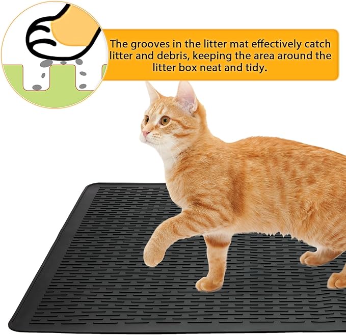 Large Cat Litter Mat 39x27 Inch, XL Waterproof Cat Litter Box Mat, Extra Large Litter Trapping Mat, Washable Rubber Cat Litter Catcher Mat for Multiple Cats, Black