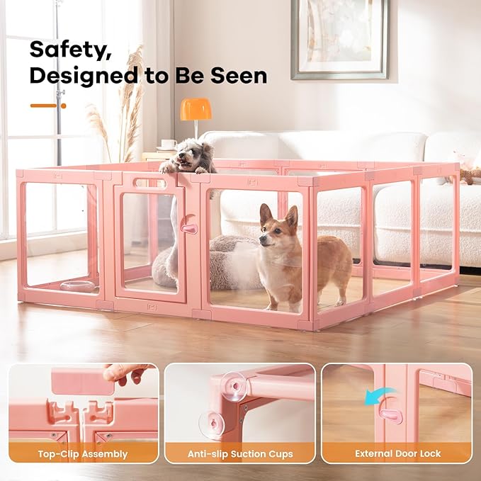 Clear Acrylic Dog Playpen Indoor, Puppy Cat Small Pet Play Pen, Pet Cat Playpen for Rabbits, Dog Fence Crate Kennel Whelping Cage (Pink, 8 Panel)