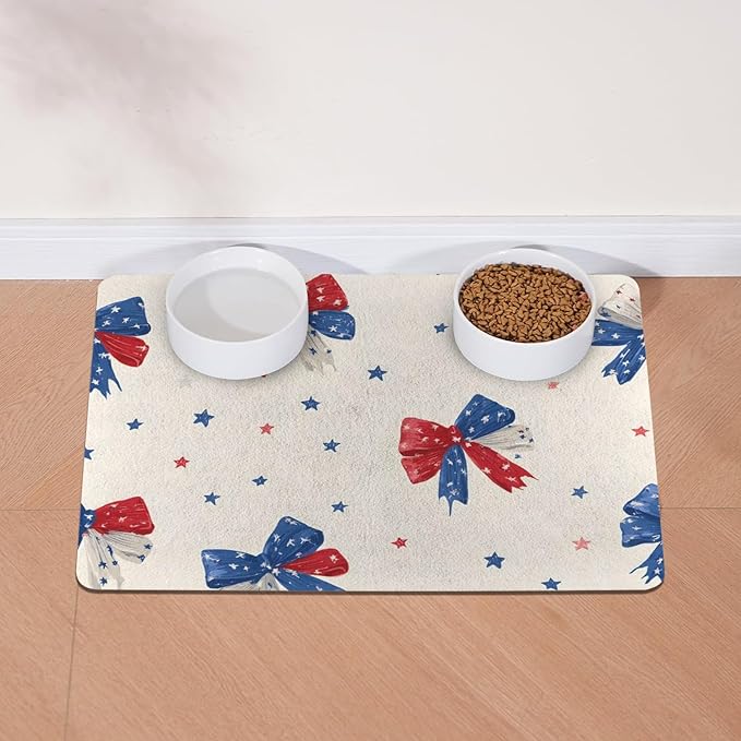 Bow and Star Pattern Pet Cat Dog Food Mat Non Slip Mat for Dog Water Bowl Mat 11.8 x 15.8 inch Quick Dry Absorbent Cat Feeding Mat, Easy to Clean