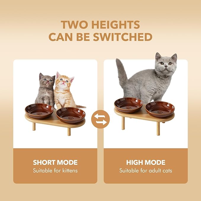 Havniva Elevated Cat Bowls Raised Ceramic Cat Bowl, 5.9” Wide Opening Cat Food Bowl Whisker Friendly Cat Dish Anti-Slip with Bamboo Stand, Shallow Pet Food & Water Bowl for Indoor Cats