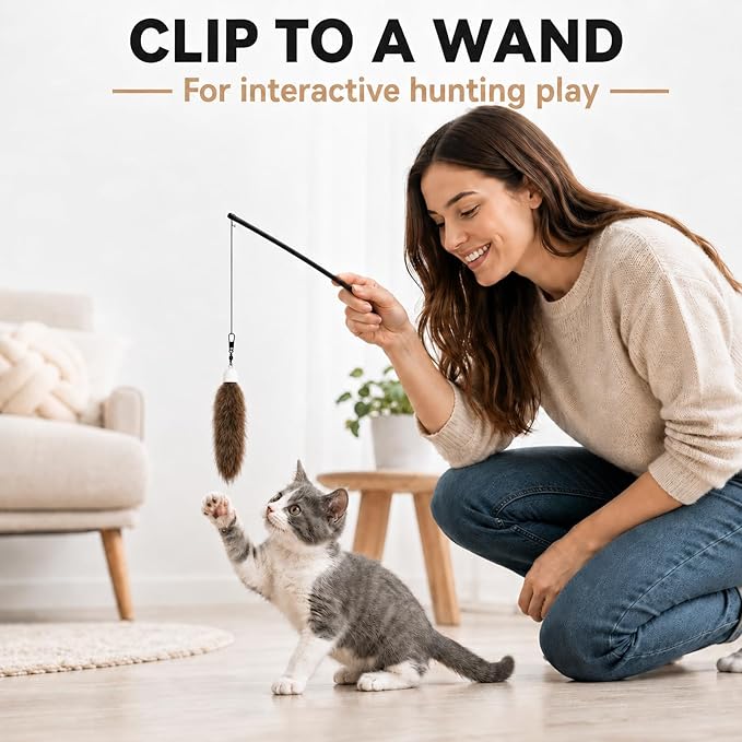Natural Rabbit Fur Cat Toys Refills, 2 Pcs Silent Interactive Cat Wand Attachments for Indoor Cats, Handmade Fluffy Kitten Teaser Replacement Accessories (Brown)