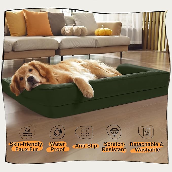 Large Dog Bed Orthopedic Washable - Beds Bolster Pet - XL Large Big Dogs - Memory Foam - Couch Sofa Bed- Waterproof with Removable Cover - Outpost Olive Dog Bed