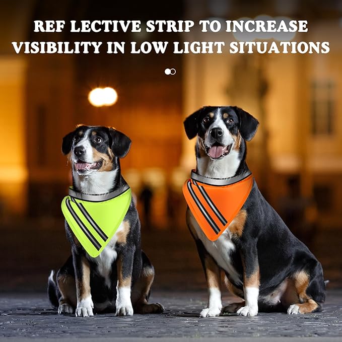 Huhumy 2 Pcs Reflective Dog Bandana with Neon Orange Green Color High Visibility Reflective Dog Scarf Safety Gear Hook and Loop Tape Triangle Bib Accessories for Hunting Walking Camping