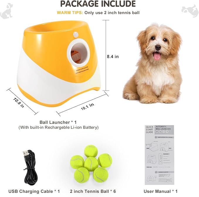 Automatic Dog Ball Launcher for Small & Medium Dogs, Interactive Dog Fetch Machine with 3 Distance Settings (10–30 ft), Mini Tennis Ball Thrower Includes 6 Balls, Indoor Outdoor Dog Toy - Orange
