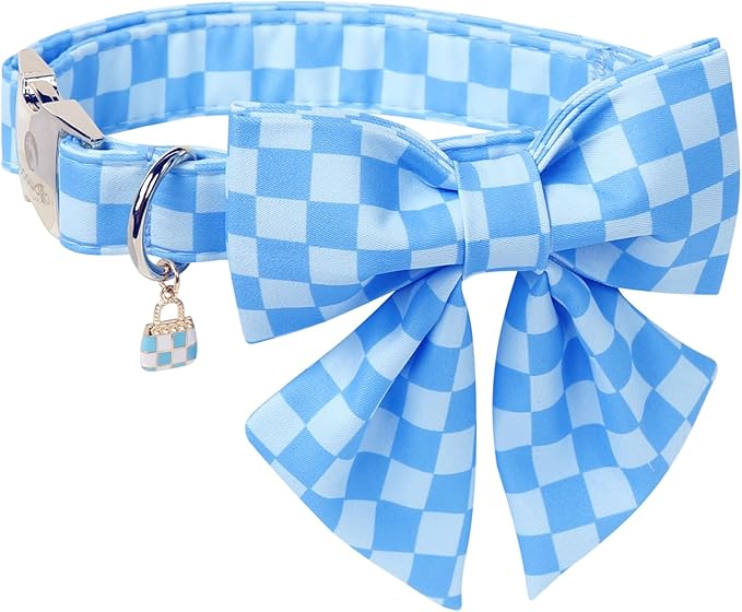 DOGWONG Blue Plaid Dog Collar with Bow - Adjustable and Comfortable Autumn Dog Collar Blue Checked Necklace for Large Medium Small Pet,S