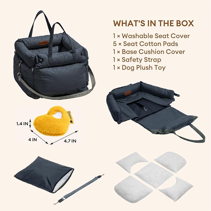FUNNYFUZZY Luxury Dog Car Seat for Small Medium Dogs Under 35 lbs, Waterproof Leather Pet Booster Seat with Safety Leash & Anti-Slip Base, Fully Padded Dog Car Bed, Portable Puppy Carrier(Navy Blue)