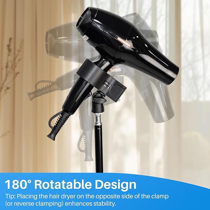 Hair Dryer Stand - 64.5 inch Height Adjustable Hands-Free Lazy Blow Dryer Holder with 180 Degrees Rotatable Larger Clamp Non-Slip Tripod, for Bathroom, Vanity, Makeup Room Floor or Countertop Pet Salon