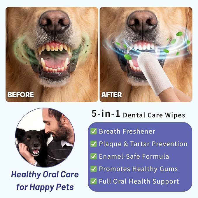 60 Counts Dental Wipes for Dogs Teeth & Cats, No-Rinse Dog Tooth Wipes for Breath Freshener & Gum Care, Pet Toothbrush Toothpaste Alternative, Unscented Disposable Dog Oral Teeth Cleaning Finger Wipes