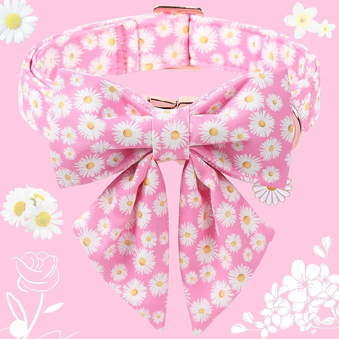DOGWONG Spring Dog Collar with Sailor Bow, Soft Comfortable Adjustable Cute Pink Daisy Collar Flower Dog Collars for Small Dogs, S