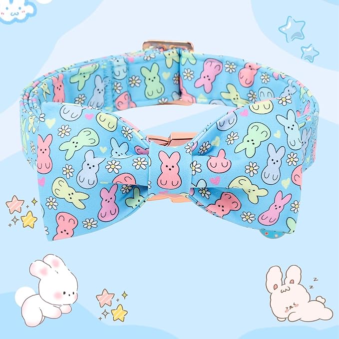 DOGWONG Easter Dog Collar, Blue Bunny Print Dog Collar with Bow, Girl Boy Pet Spring Holiday Dog Collars for Puppy Dogs,XS