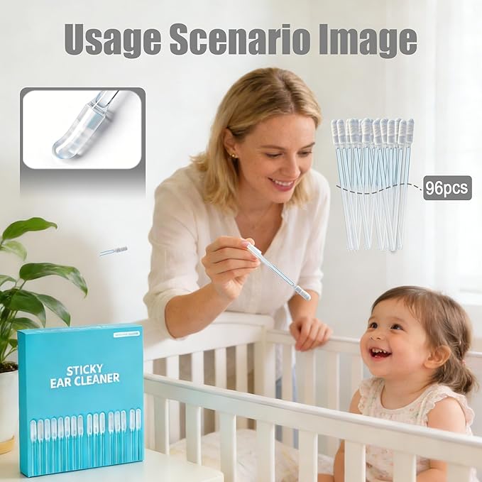 Sticky Ear Cleaning Sticks – Gentle, Visible Ear Care, Sticky Ear Swabs, Reusable Adhesive Soft Head Swabs, Adhesive Ear Cleaning Sticks for All Ages (4 Boxes/96 Pcs)
