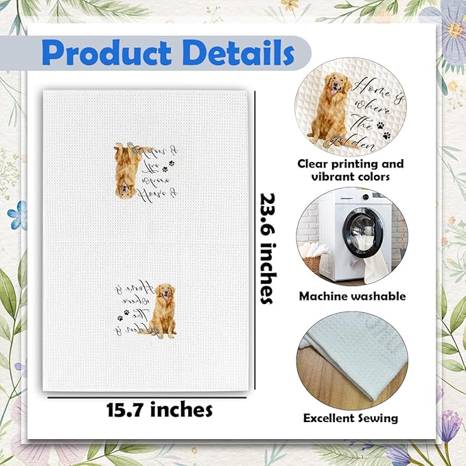 Golden Retriever Dog Kitchen Towels - Home Is Where The Golden is - 16x24 Inches Absorbent Fast Drying Dishcloths - Decorative Hand Towels for Home Bathroom - Pet Lover Dogs Mom Gifts For Women -B03