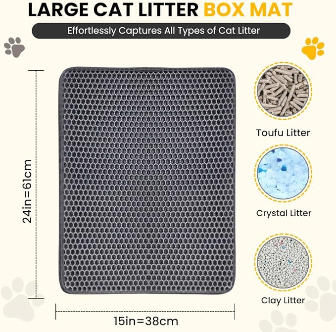 Andalus Brands Medium Cat Litter Mat - Waterproof & Urine-Proof Litter Box Mat, Non-Slip Kitty Litter Mats for Floor, Easy to Clean Litter Trapping Design (24" x 15", Grey)