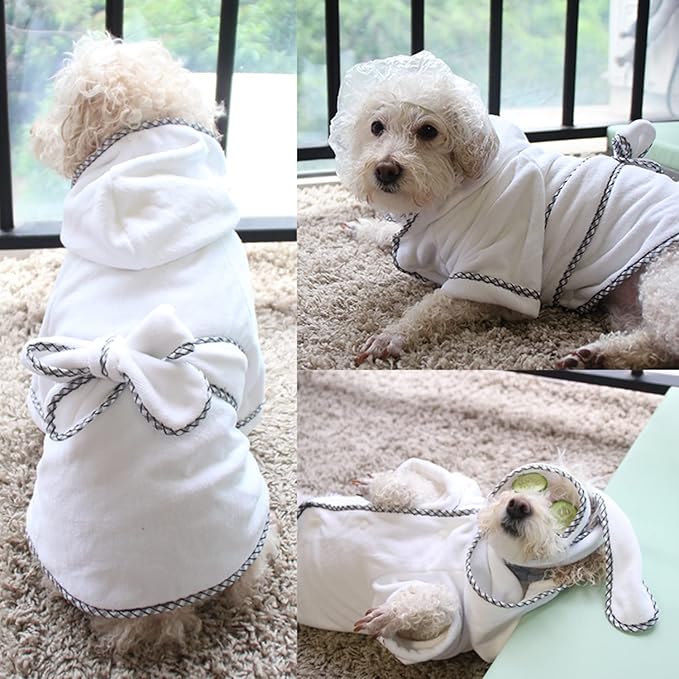 Dog Bathrobe, Microfiber Fast Drying Absorbent Hooded Bath Towel White for Puppy Small Medium Large Dog Cat (M, White)