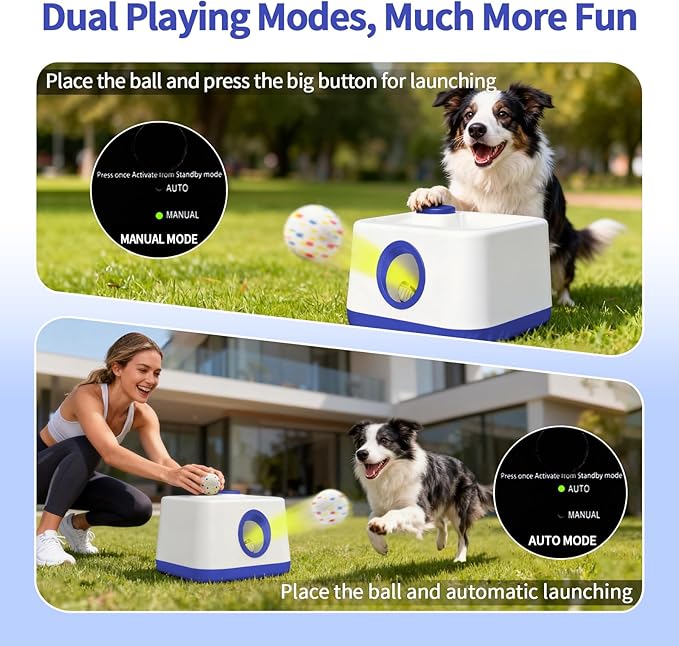 MEKAPLE Automatic Dog Ball Launcher with Barking Function, Auto+Manual Mode Interactive Dog Fetch Toy with 4 Adjustable Distances, Dog Balls Thrower for Small & Medium Dogs, with 4 Durable ETPU Balls