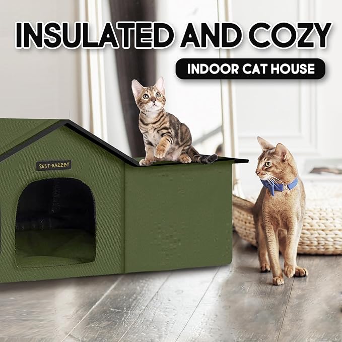 Rest-Eazzzy Cat House for Outdoor Cats, Weatherproof and Insulated Feral Cat House with Mat and Clip, Easy to Put Together, Selfwarming Cat Shelter for Summer(Green, Waterproof House-S)