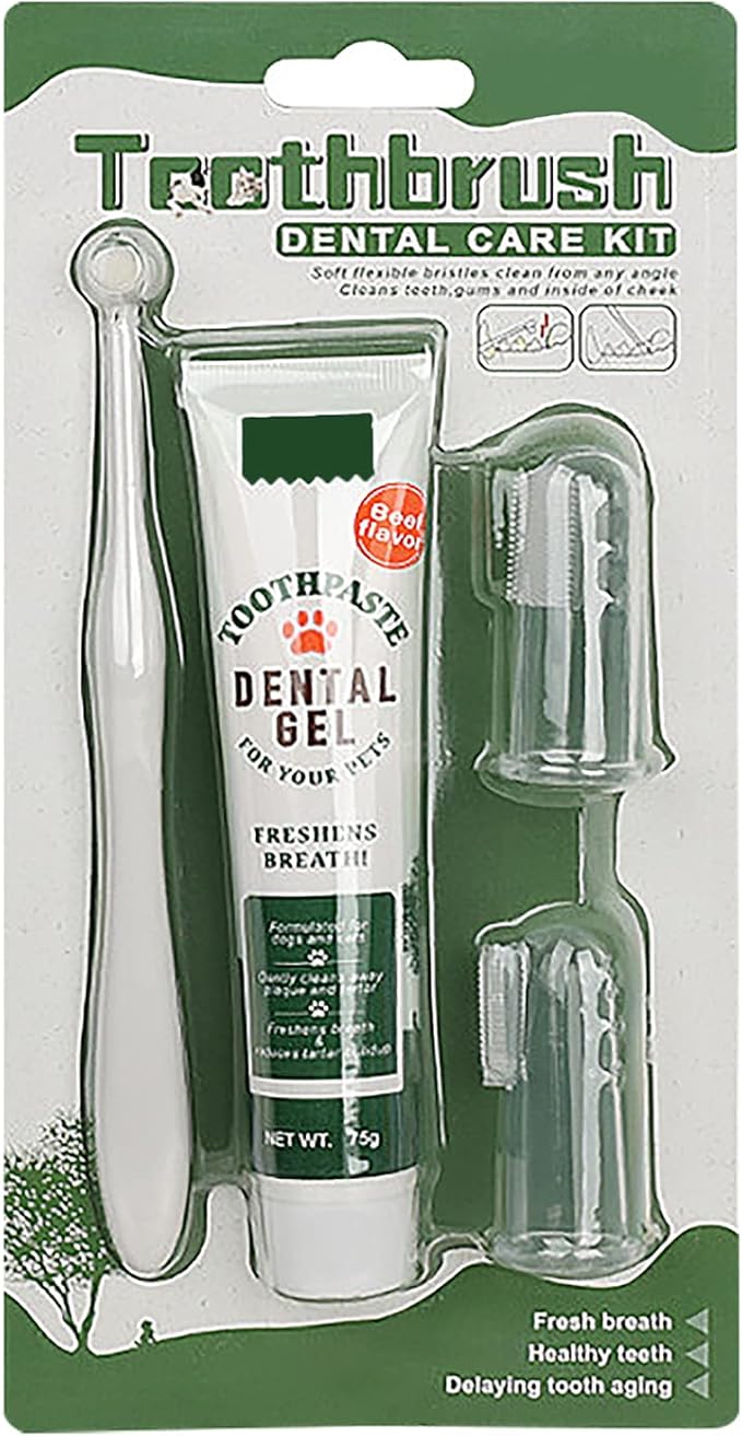 Pet Toothbrush Toothpaste Kit Dog Teeth Cleaning Cat Teeth Cleaning Dental Care Kit Pet Finger Toothbrush, Reduce Plaque & Tartar Buildup, Beef Flavor