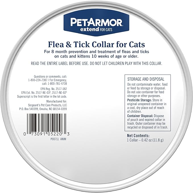 PetArmor Extend Cat Flea and Tick Treatment & Prevention Collar for Cats, 8 Months of Protection, Waterproof, Kills Fleas, Ticks, and Larvae, 1 Count
