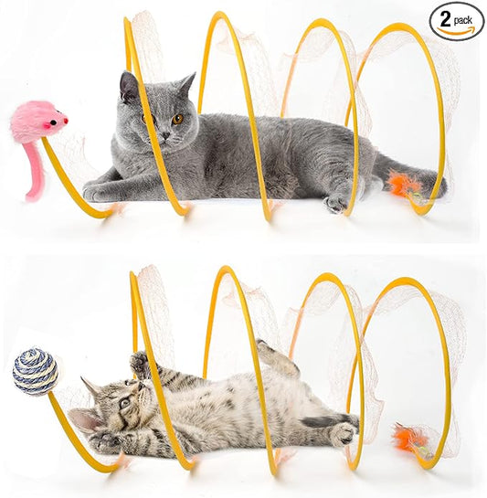 2-Pack Large Cat Tunnel Beds - Indoor & Outdoor,Kitten Collapsible Spring Tunnel Toy with Feather and Bell,Interactive Spring Toys for Cats & Kittens（Yellow）