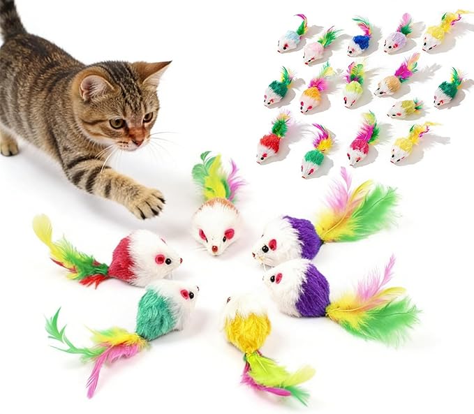 Cat Mouse Toy - 15 Pack Furry Rattle Mouse Toys for Cats with Feather Tail, Realistic Plush Kitten Toys with Catnip & Rustling Sound, Interactive Cat Toys for Indoor Cats