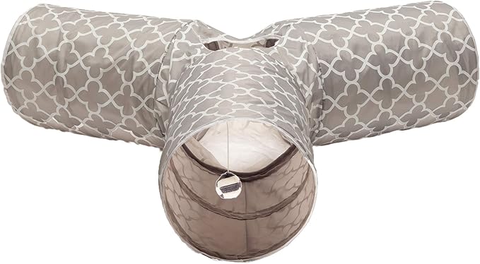 Cat Tunnel - Collapsible 3 Way Quatrefoil Play Toy - Tube Fun for Rabbits, Kittens, and Dogs - Quatrefoil Gray/White