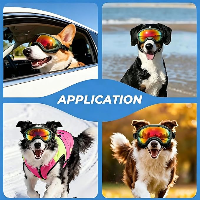 Dog Goggles for Medium to Large Breeds, UV Protection Dog Sunglasses with Colored PC Lens, Soft TPU Frame and Adjustable Straps, Windproof Dustproof Anti-Fog Pet Eyewear for Outdoor Activities (Green)
